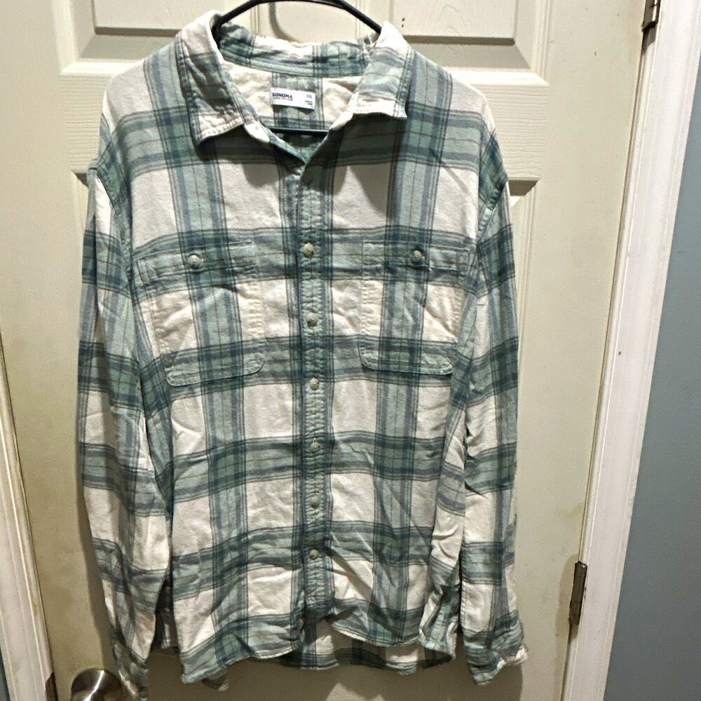 Sonoma 2XL Blue/White Plaid Long Sleeve Button-Up Shirt Pockets Point Collar